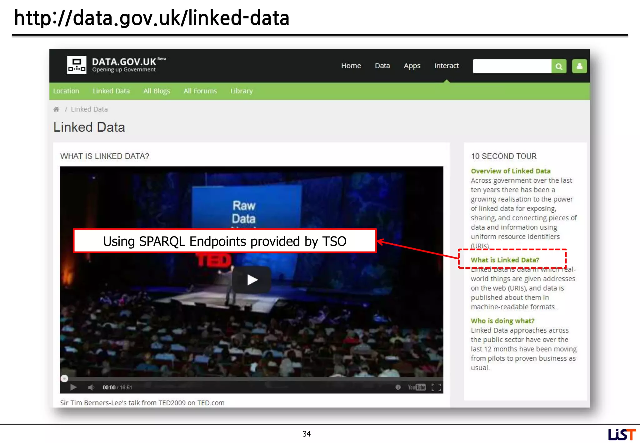 34
http://data.gov.uk/linked-data
Using SPARQL Endpoints provided by TSO
 