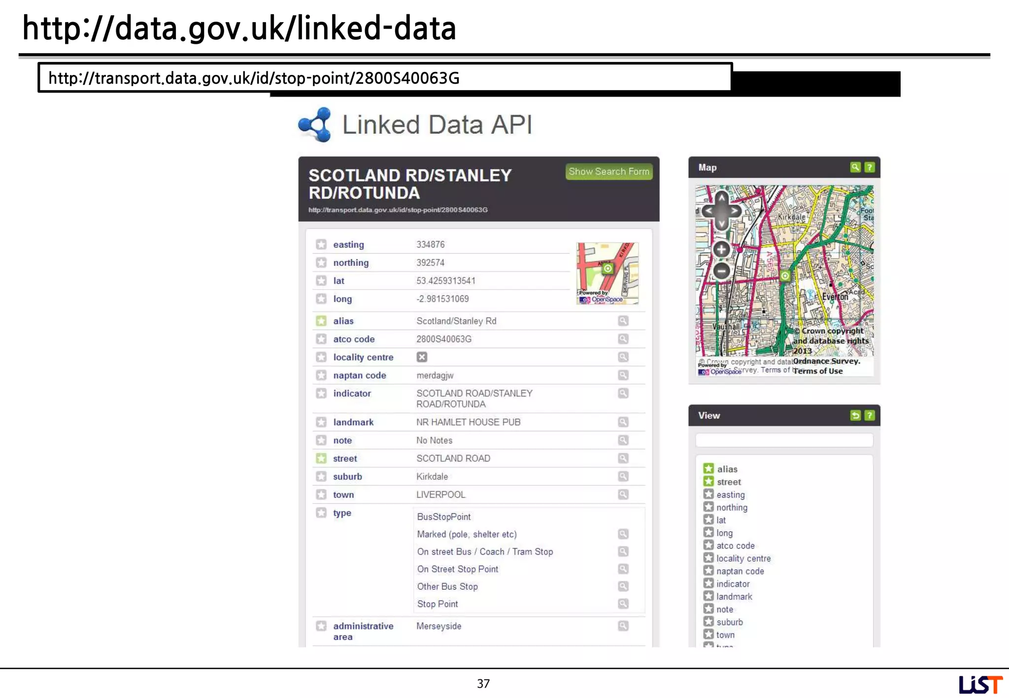 37
http://data.gov.uk/linked-data
http://transport.data.gov.uk/id/stop-point/2800S40063G
 