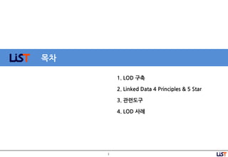 1
목차
1. LOD 구축
2. Linked Data 4 Principles & 5 Star
3. 관련도구
4. LOD 사례
 
