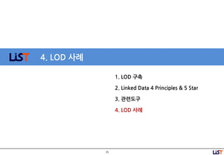 31
4. LOD 사례
1. LOD 구축
2. Linked Data 4 Principles & 5 Star
3. 관련도구
4. LOD 사례
 