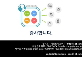 감사합니다.
주식회사 리스트 대표이사 : http://li-st.com
대한민국 대표 LOD KDATA Founder : http://kdata.kr
새주소 기반 Linked Open Data-주소데이터 Founder : http://jusodata.kr
codalida@gmail.com , ceo@li-st.com
 