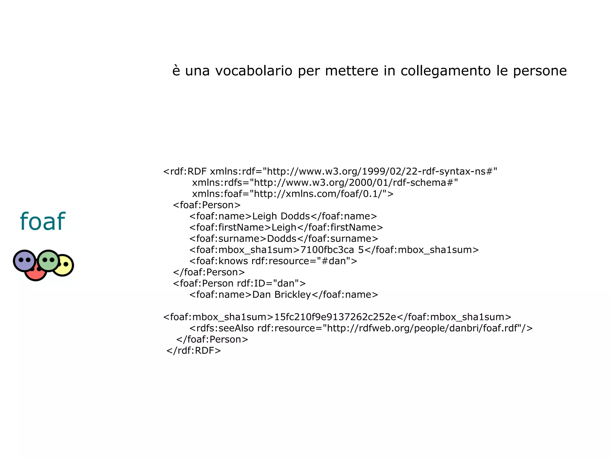è una vocabolario per mettere in collegamento le persone




       <rdf:RDF xmlns:rdf="http://www.w3.org/1999/02/22-rdf-syntax-ns#"
             xmlns:rdfs="http://www.w3.org/2000/01/rdf-schema#"
             xmlns:foaf="http://xmlns.com/foaf/0.1/">
         <foaf:Person>

foaf        <foaf:name>Leigh Dodds</foaf:name>
            <foaf:firstName>Leigh</foaf:firstName>
            <foaf:surname>Dodds</foaf:surname>
            <foaf:mbox_sha1sum>7100fbc3ca 5</foaf:mbox_sha1sum>
            <foaf:knows rdf:resource="#dan">
         </foaf:Person>
         <foaf:Person rdf:ID="dan">
            <foaf:name>Dan Brickley</foaf:name>

       <foaf:mbox_sha1sum>15fc210f9e9137262c252e</foaf:mbox_sha1sum>
            <rdfs:seeAlso rdf:resource="http://rdfweb.org/people/danbri/foaf.rdf"/>
         </foaf:Person>
       </rdf:RDF>
 