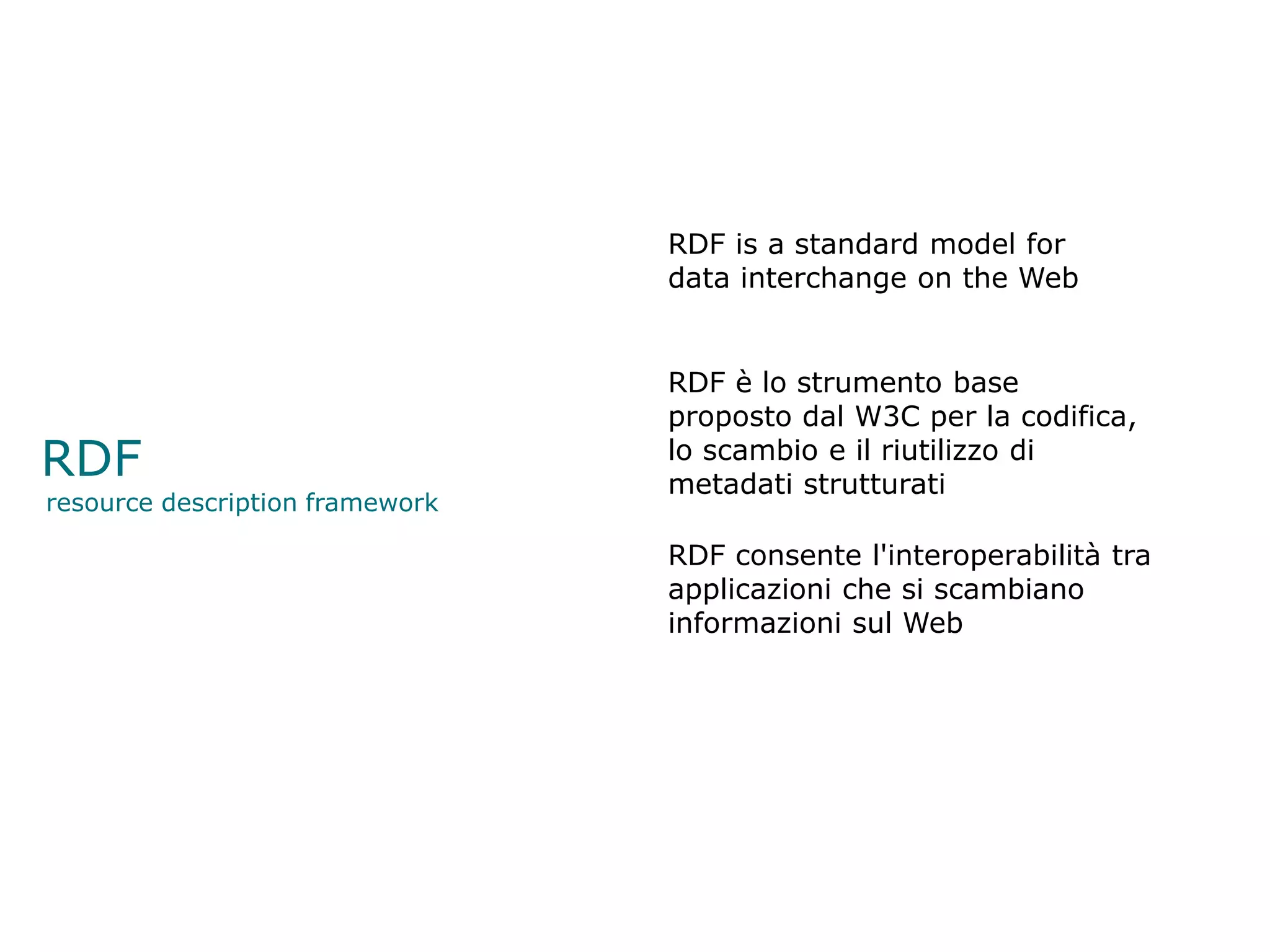 RDF is a standard model for
                                 data interchange on the Web


                                 RDF è lo strumento base
                                 proposto dal W3C per la codifica,
RDF                              lo scambio e il riutilizzo di
                                 metadati strutturati
resource description framework

                                 RDF consente l'interoperabilità tra
                                 applicazioni che si scambiano
                                 informazioni sul Web
 