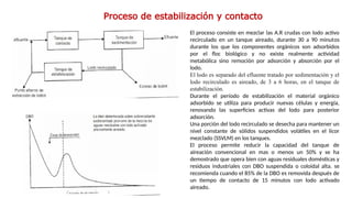 Proceso de estabilización y contacto
El proceso consiste en mezclar las A.R crudas con lodo activo
recirculado en un tanque aireado, durante 30 a 90 minutos
durante los que los componentes orgánicos son adsorbidos
por el floc biológico y no existe realmente actividad
metabólica sino remoción por adsorción y absorción por el
lodo.
El lodo es separado del efluente tratado por sedimentación y el
lodo recirculado es aireado, de 3 a 6 horas, en el tanque de
estabilización.
Durante el período de estabilización el material orgánico
adsorbido se utiliza para producir nuevas células y energía,
renovando las superficies activas del lodo para posterior
adsorción.
Una porción del lodo recirculado se desecha para mantener un
nivel constante de sólidos suspendidos volátiles en el licor
mezclado (SSVLM) en los tanques.
El proceso permite reducir la capacidad del tanque de
aireación convencional en mas o menos un 50% y se ha
demostrado que opera bien con aguas residuales domésticas y
residuos industriales con DBO suspendida o coloidal alta. se
recomienda cuando el 85% de la DBO es removida después de
un tiempo de contacto de 15 minutos con lodo activado
aireado.
 