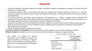 Aireación
• Tiene como propósito: Suministrar oxígeno a las células, mantener las células en suspensión y mantener en contacto iintimo el
residuo con los lodos activos.
• El tanque de aireación debe ser del tamaño adecuado para proporcionar suficiente tiempo de retención y es necesario
mantener condiciones aerobias en todo el tanque de aireación, sosteniendo un nivel de OD mínimo de 0.5 mg/L en todo el
punto del tanque.
• El suministro adecuado de oxigeno busca predominar los organismos en el sistema y asegurar que sus productos de
descomposición sean estables, el suministro deficiente de oxigeno trae consigo un efluente turbio pues los protozoos no se
desarrollan y proliferan bacterias filamentosas que retardan la sedimentación del floc.
• También es importante el suministro adecuado de aire para mantener un contacto Íntimo entre el residuo y el lodo activado y
hacer que el proceso funcione, así como también para que los sólidos estén en suspensión y no permitir su asentamiento
dentro del tanque de aireación.
• Existen dos tipos principales de sistemas de aireación.
Aireación por difusión subsuperficial: aireación producida en el licor mediante el aire que pasa a través de un difusor.
Aireación mecánica: introducción de aire en el licor por medio de turbulencia creada por un equipo mecánico.
Para diseño, en general, las normas
recomiendan que el equipo de aireación sea
capaz de mantener un mínimo de 2 mg/L de
OD en el licor mezclado, en todo momento, y
proporcione una mezcla vigorosa del contenido
de
agua en el tanque de aireación.
 