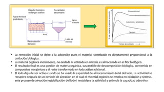 • La remoción inicial se debe a la adsorción pues el material sintetizado es directamente proporcional a la
oxidación biológica.
• La materia orgánica inicialmente, no oxidada ni utilizada en síntesis es almacenada en el floc biológico.
• El resultado final es una porción de materia orgánica, susceptible de descomposición biológica, convertida en
compuestos inorgánicos y el resto transformada en lodo activo adicional.
• El lodo deja de ser activo cuando se ha usado la capacidad de almacenamiento total del lodo. La actividad se
recupera después de un periodo de aireación en el cual el material orgánico se emplea en oxidación y síntesis,
este proceso de aireación (estabilización del lodo) restablece la actividad y estimula la capacidad adsortiva
 