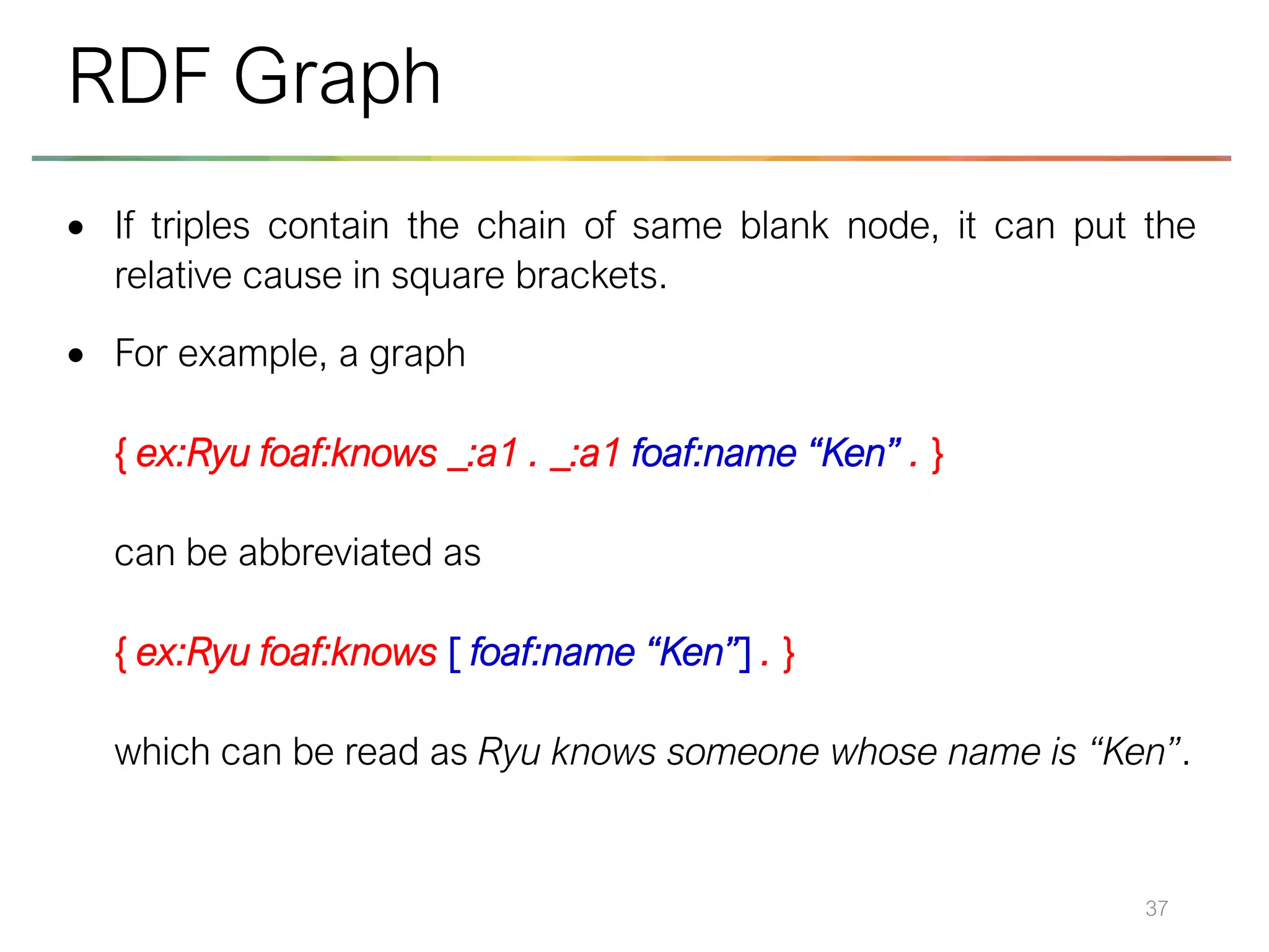 • If triples contain the chain of same blank node, it can put the
relative cause in square brackets.
• For example, a graph
{ ex:Ryu foaf:knows _:a1 . _:a1 foaf:name “Ken” . }
can be abbreviated as
{ ex:Ryu foaf:knows [ foaf:name “Ken”] . }
which can be read as Ryu knows someone whose name is “Ken”.
37
RDF Graph
 