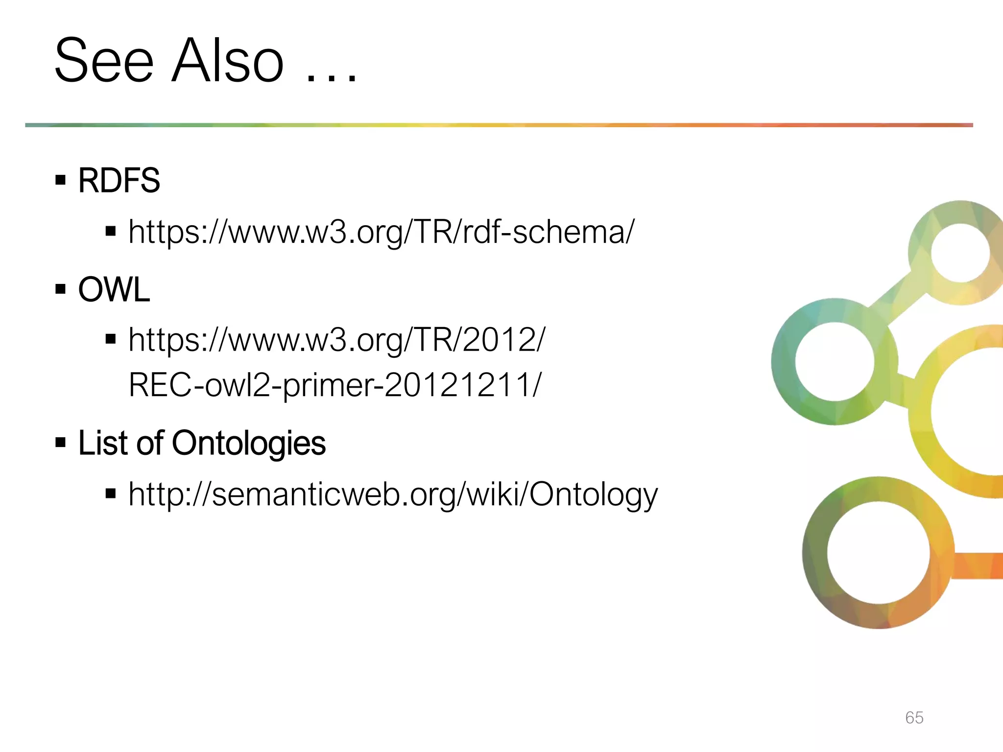 ▪ RDFS
▪ https://www.w3.org/TR/rdf-schema/
▪ OWL
▪ https://www.w3.org/TR/2012/
REC-owl2-primer-20121211/
▪ List of Ontologies
▪ http://semanticweb.org/wiki/Ontology
65
See Also …
 