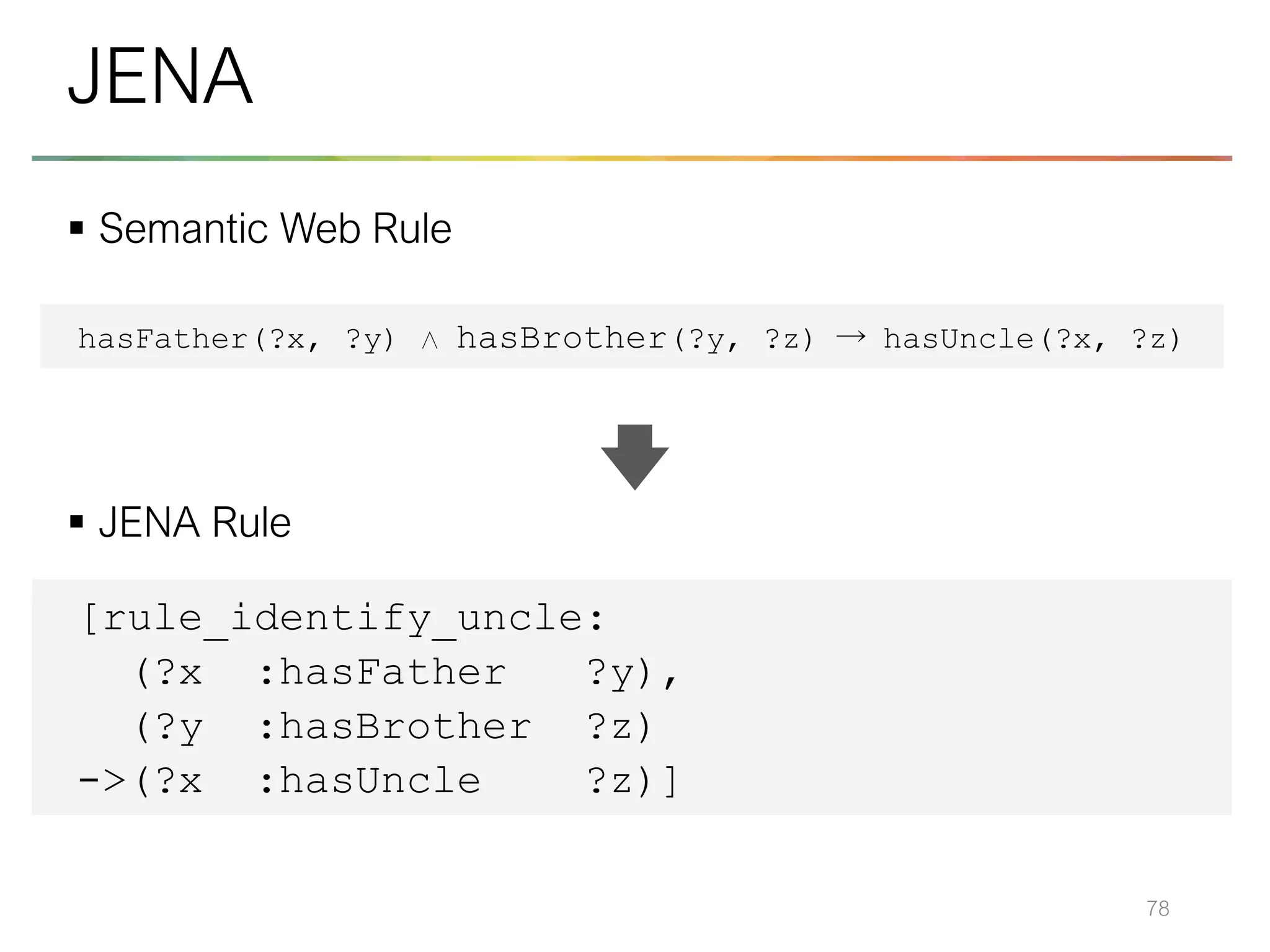 ▪ Semantic Web Rule
▪ JENA Rule
78
JENA
[rule_identify_uncle:
(?x :hasFather ?y),
(?y :hasBrother ?z)
->(?x :hasUncle ?z)]
hasFather(?x, ?y) ∧ hasBrother(?y, ?z) → hasUncle(?x, ?z)
 