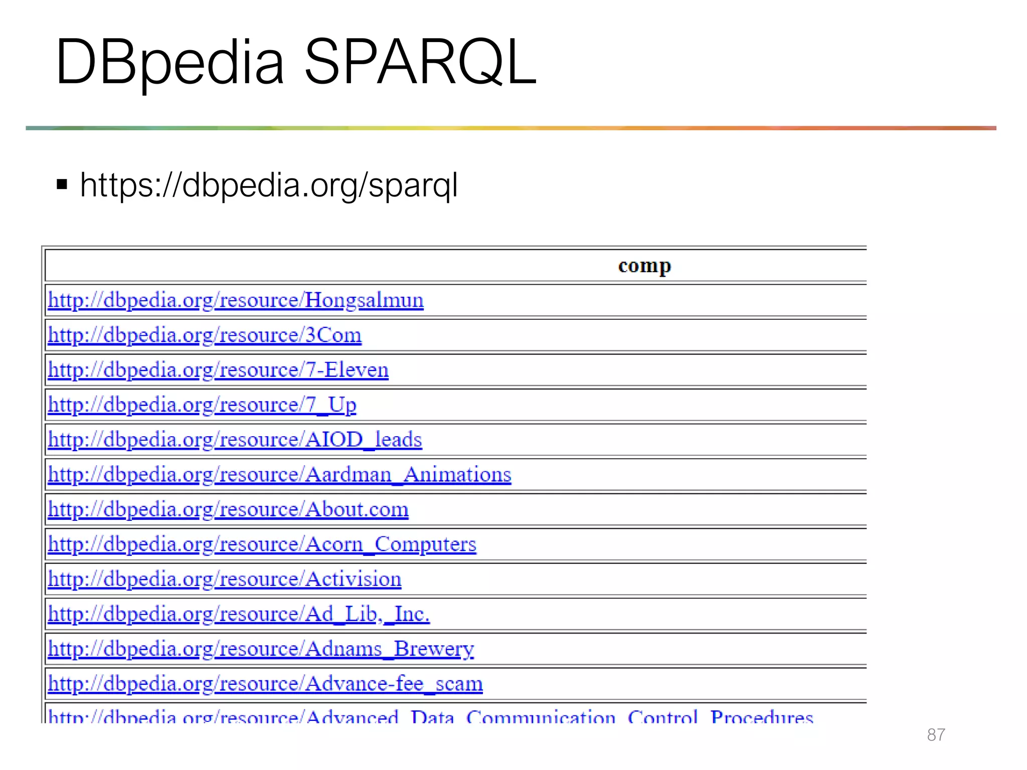 ▪ https://dbpedia.org/sparql
87
DBpedia SPARQL
 