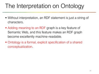 ▪ Without interpretation, an RDF statement is just a string of
characters.
▪ Adding meaning to an RDF graph is a key feature of
Semantic Web, and this feature makes an RDF graph
become excellently machine-readable.
▪ Ontology is a formal, explicit specification of a shared
conceptualization.
38
The Interpretation on Ontology
 