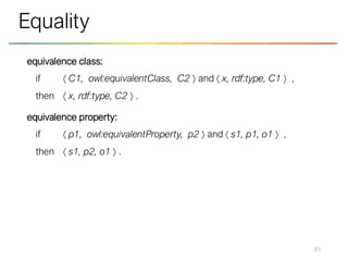 equivalence class:
if  C1, owl:equivalentClass, C2  and  x, rdf:type, C1  ,
then  x, rdf:type, C2  .
equivalence property:
if  p1, owl:equivalentProperty, p2  and  s1, p1, o1  ,
then  s1, p2, o1  .
61
Equality
 
