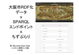 大阪市RDF化
データ
x
SPARQL
エンドポイント
x
ちずぶらり
第１回Linked Open Data
ハッカソン関西 in 大阪
で作成

 