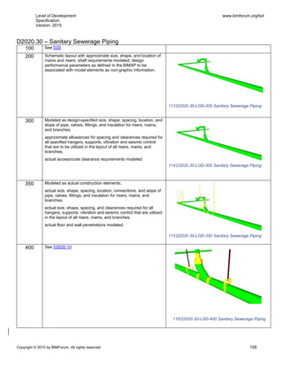 Level of Development
Specification
Version: 2015
www.bimforum.org/lod
Copyright © 2015 by BIMForum. All rights reserved 108
D2020.30 – Sanitary Sewerage Piping
100 See D20
200 Schematic layout with approximate size, shape, and location of
mains and risers; shaft requirements modeled; design
performance parameters as defined in the BIMXP to be
associated with model elements as non-graphic information.
113D2020.30-LOD-200 Sanitary Sewerage Piping
300 Modeled as design-specified size, shape, spacing, location, and
slope of pipe, valves, fittings, and insulation for risers, mains,
and branches;
approximate allowances for spacing and clearances required for
all specified hangers, supports, vibration and seismic control
that are to be utilized in the layout of all risers, mains, and
branches;
actual access/code clearance requirements modeled
114D2020.30-LOD-300 Sanitary Sewerage Piping
350 Modeled as actual construction elements;
actual size, shape, spacing, location, connections, and slope of
pipe, valves, fittings, and insulation for risers, mains, and
branches;
actual size, shape, spacing, and clearances required for all
hangers, supports, vibration and seismic control that are utilized
in the layout of all risers, mains, and branches;
actual floor and wall penetrations modeled.
115D2020.30-LOD-350 Sanitary Sewerage Piping
400 See D2020.10
116D2020.30-LOD-400 Sanitary Sewerage Piping
 