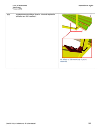 Level of Development
Specification
Version: 2015
www.bimforum.org/lod
Copyright © 2015 by BIMForum. All rights reserved 130
400 Supplementary components added to the model required for
fabrication and field installation.
156 D3050.10-LOD-400 Facility Hydronic
Distribution
 