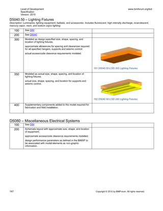 Level of Development
Specification
Version: 2015
www.bimforum.org/lod
147 Copyright © 2015 by BIMForum. All rights reserved.
D5040.50 – Lighting Fixtures
Description: Luminaires, lighting equipment, ballasts, and accessories. Includes fluorescent, high intensity discharge, incandescent,
mercury vapor, neon, and sodium vapor lighting.
100 See D50
200 See D5040
300 Modeled as design-specified size, shape, spacing, and
location of lighting fixtures;
approximate allowances for spacing and clearances required
for all specified hangers, supports and seismic control;
actual access/code clearance requirements modeled.
181 D5040.50-LOD-300 Lighting Fixtures
350 Modeled as actual size, shape, spacing, and location of
lighting fixtures.
actual size, shape, spacing, and location for supports and
seismic control.
182 D5040.50-LOD-350 Lighting Fixtures
400 Supplementary components added to the model required for
fabrication and field installation.
D5080 – Miscellaneous Electrical Systems
100 See D50
200 Schematic layout with approximate size, shape, and location
of equipment;
approximate access/code clearance requirements modeled;
design performance parameters as defined in the BIMXP to
be associated with model elements as non-graphic
information.
 