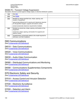 Level of Development
Specification
Version: 2015
www.bimforum.org/lod
149 Copyright © 2015 by BIMForum. All rights reserved.
D5080.70 – Transient Voltage Suppression
Description: Devices to protect against voltage surges on electrical distribution systems.
100 See D50
200 See D5080
300 Modeled as design-specified size, shape, spacing, and
location of equipment;
approximate allowances for spacing and clearances required
for all specified hangers, supports and seismic control;
actual access/code clearance requirements modeled.
350 Modeled as actual size, shape, spacing, and location of the
equipment;
actual size, shape, spacing, and location for supports and
seismic control.
400 Supplementary components added to the model required for
fabrication and field installation.
D60 Communications
[See Fundamental LOD Definitions]
D6010 – Data Communications
[See Fundamental LOD Definitions]
D6020 – Voice Communications
[See Fundamental LOD Definitions]
D6030 – Audio-Video Communication
[See Fundamental LOD Definitions]
D6060 – Distributed Communications and Monitoring
[See Fundamental LOD Definitions]
D6090 – Communications Supplementary Components
[See Fundamental LOD Definitions]
D70 Electronic Safety and Security
[See Fundamental LOD Definitions]
D7010 – Access Control and Intrusion Detection
[See Fundamental LOD Definitions]
D7030 – Electronic Surveillance
[See Fundamental LOD Definitions]
D7050 – Detection and Alarm
[See Fundamental LOD Definitions]
 