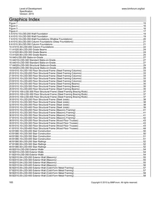 Level of Development
Specification
Version: 2015
www.bimforum.org/lod
165 Copyright © 2015 by BIMForum. All rights reserved.
Graphics Index
Figure 1 ....................................................................................................................................................................................................15
Figure 2 ....................................................................................................................................................................................................16
Figure 3 ....................................................................................................................................................................................................16
Figure 4 ....................................................................................................................................................................................................17
5 A1010.10-LOD-200 Wall Foundation ....................................................................................................................................................19
6 A1010.10-LOD-300 Wall Foundation ....................................................................................................................................................19
7 A1010.10-LOD-350 Wall Foundations (Shallow Foundations) ..............................................................................................................20
8 A1010.30-LOD-300 Column Foundations (Deep Foundations).............................................................................................................21
9 A1010.30-LOD-350 Column Foundations .............................................................................................................................................21
10 A1010.30-LOD-400 Column Foundations ...........................................................................................................................................22
11 A1020.80-LOD-200 Grade Beams ......................................................................................................................................................24
12 A1020.80-LOD-300 Grade Beams ......................................................................................................................................................24
13 A1020.80-LOD-350 Grade Beams ......................................................................................................................................................25
14 A40-LOD-200 Slabs-on-Grade............................................................................................................................................................27
15 A4010-LOD-300 Standard Slabs-on-Grade.........................................................................................................................................27
16 A4010-LOD-350 Standard Slabs-on-Grade.........................................................................................................................................27
17 A4020-LOD-300 Structural Slabs-on-Grade........................................................................................................................................29
18 A4020-LOD-350 Structural Slabs-on-Grade........................................................................................................................................29
19 B1010.10-LOD-100 Floor Structural Frame (Steel Framing Columns)................................................................................................33
20 B1010.10-LOD-200 Floor Structural Frame (Steel Framing Columns)................................................................................................33
21 B1010.10-LOD-300 Floor Structural Frame (Steel Framing Columns)................................................................................................33
22 B1010.10-LOD-350 Floor Structural Frame (Steel Framing Columns)................................................................................................33
23 B1010.10-LOD-400 Floor Structural Frame (Steel Framing Columns)................................................................................................34
24 B1010.10-LOD-300 Floor Structural Frame (Steel Framing Beams)...................................................................................................35
25 B1010.10-LOD-350 Floor Structural Frame (Steel Framing Beams)...................................................................................................35
26 B1010.10-LOD-400 Floor Structural Frame (Steel Framing Beams)...................................................................................................35
27 B1010.100-LOD-300 Floor Structural Frame (Steel Framing Bracing Rods).......................................................................................37
28 B1010.100-LOD-350 Floor Structural Frame (Steel Framing Bracing Rods).......................................................................................37
29 B1010.100-LOD-400 Floor Structural Frame (Steel Framing Bracing Rods).......................................................................................37
30 B1010.10-LOD-200 Floor Structural Frame (Steel Joists)...................................................................................................................38
31 B1010.10-LOD-300 Floor Structural Frame (Steel Joists)...................................................................................................................38
32 B1010.10-LOD-350 Floor Structural Frame (Steel Joists)...................................................................................................................38
33 B1010.10-LOD-400 Floor Structural Frame (Steel Joists)...................................................................................................................39
34 B1010.10-LOD-200 Floor Structural Frame (Masonry Framing) .........................................................................................................41
35 B1010.10-LOD-300 Floor Structural Frame (Masonry Framing) .........................................................................................................41
36 B1010.10-LOD-350 Floor Structural Frame (Masonry Framing) .........................................................................................................41
37 B1010.10-LOD-400 Floor Structural Frame (Masonry Framing) .........................................................................................................42
38 B1010.10-LOD-200 Floor Structural Frame (Wood Floor Trusses) .....................................................................................................43
39 B1010.10-LOD-300 Floor Structural Frame (Wood Floor Trusses) .....................................................................................................43
40 B1010.10-LOD-350 Floor Structural Frame (Wood Floor Trusses) .....................................................................................................43
41 B1010.10-LOD-400 Floor Structural Frame (Wood Floor Trusses).....................................................................................................44
42 B1080.10-LOD-200 Stair Construction................................................................................................................................................50
43 B1080.10-LOD-300 Stair Construction................................................................................................................................................50
44 B1080.10-LOD-350 Stair Construction................................................................................................................................................51
45 B1080.10-LOD-400 Stair Construction................................................................................................................................................51
46 B1080.50-LOD-200 Stair Railings .......................................................................................................................................................52
47 B1080.50-LOD-300 Stair Railings .......................................................................................................................................................52
48 B1080.50-LOD-400 Stair Railings .......................................................................................................................................................52
49 B2010-LOD-200 Exterior Walls ...........................................................................................................................................................54
50 B2010-LOD-300 Exterior Walls ...........................................................................................................................................................54
51 B2010-LOD-350 Exterior Walls ...........................................................................................................................................................54
52 B2010.04-LOD-200 Exterior Wall (Masonry).......................................................................................................................................55
53 B2010.04-LOD-300 Exterior Wall (Masonry).......................................................................................................................................55
54 B2010.04-LOD-350 Exterior Wall (Masonry).......................................................................................................................................55
55 B2010.04-LOD-400 Exterior Wall (Masonry).......................................................................................................................................56
56 B2010.05-LOD-200 Exterior Wall (Cold-Form Metal Framing)............................................................................................................57
57 B2010.05-LOD-300 Exterior Wall (Cold-Form Metal Framing)............................................................................................................57
58 B2010.05-LOD-350 Exterior Wall (Cold-Form Metal Framing)............................................................................................................58
59 B2010.05-LOD-400 Exterior Wall (Cold-Form Metal Framing)............................................................................................................58
 