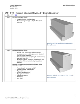 Level of Development
Specification
Version: 2015
www.bimforum.org/lod
ii
Copyright © 2015 by BIMForum. All rights reserved.
B1010.10 – Precast Structural Inverted T Beam (Concrete)
100 See B10
200 Element modeling to include:
 Type of structural concrete system
 Approximate geometry (e.g. depth) of structural
elements
B1010.10-LOD 200 Precast Structural Inverted T
Beam (Concrete)
300 Element modeling to include:
 Specific sizes and locations of main concrete
structural members modeled per defined structural
grid with correct orientation
 Concrete defined per spec (strength, air entrainment,
aggregate size, etc.)
 All sloping surfaces included in model element with
exception of elements affected by manufacturer
selection
Required non-graphic information associated with model
elements includes:
 Penetrations for items such as MEP
 Finishes, camber, chamfers, etc.
 Typical details
 Embeds and anchor rods
 Aggregate, clear clover
 Reinforcing spacing
 Reinforcing
 Live loads
B1010.10-LOD 300 Precast Structural Inverted T
Beam (Concrete)
 