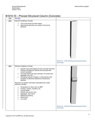 Level of Development
Specification
Version: 2015
www.bimforum.org/lod
iv
Copyright © 2015 by BIMForum. All rights reserved.
B1010.10 – Precast Structural Column (Concrete)
100 See B10
200 Element modeling to include:
 Type of structural concrete system
 Approximate geometry (e.g. depth) of structural
elements
B1010.10 - LOD 200 Precast Structural Column
(Concrete)
300 Element modeling to include:
 Specific sizes and locations of main concrete structural
members modeled per defined structural grid with
correct orientation
 Concrete defined per spec (strength, air entrainment,
aggregate size, etc.)
 All sloping surfaces included in model element with
exception of elements affected by manufacturer
selection
Required non-graphic information associated with model
elements includes:
 Penetrations for items such as MEP
 Finishes, camber, chamfers, etc.
 Typical details
 Embeds and anchor rods
 Aggregate, clear clover
 Reinforcing spacing
 Reinforcing
 Live loads
B1010.10 - LOD 300 Precast Structural Column
(Concrete)
 