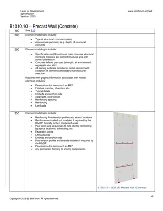 Level of Development
Specification
Version: 2015
www.bimforum.org/lod
viii
Copyright © 2015 by BIMForum. All rights reserved.
B1010.10 – Precast Wall (Concrete)
100 See B10
200 Element modeling to include:
 Type of structural concrete system
 Approximate geometry (e.g. depth) of structural
elements
300 Element modeling to include:
 Specific sizes and locations of main concrete structural
members modeled per defined structural grid with
correct orientation
 Concrete defined per spec (strength, air entrainment,
aggregate size, etc.)
 All sloping surfaces included in model element with
exception of elements affected by manufacturer
selection
Required non-graphic information associated with model
elements includes:
 Penetrations for items such as MEP
 Finishes, camber, chamfers, etc.
 Typical details
 Embeds and anchor rods
 Aggregate, clear clover
 Reinforcing spacing
 Reinforcing
 Live loads
350 Element modeling to include:
 Reinforcing Post-tension profiles and strand locations
 Reinforcement called out, modeled if required by the
BIMXP, typically only in congested areas
 Pour joints and sequences to help identify reinforcing
lap splice locations, scheduling, etc.
 Expansion Joints
 Lifting devices
 Embeds and anchor rods
 Post-tension profile and strands modeled if required by
the BIMXP
 Penetrations for items such as MEP
 Any permanent forming or shoring components
B1010.10 – LOD 350 Precast Wall (Concrete)
 