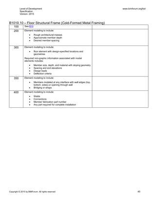 Level of Development
Specification
Version: 2015
www.bimforum.org/lod
Copyright © 2015 by BIMForum. All rights reserved 40
B1010.10 – Floor Structural Frame (Cold-Formed Metal Framing)
100 See B10
200 Element modeling to include:
 Rough architectural masses
 Approximate member depth
 Desired member spacing
300 Element modeling to include:
 floor element with design-specified locations and
geometries
Required non-graphic information associated with model
elements includes:
 Member size, depth, and material with sloping geometry
 Spacing and end elevations
 Design loads
 Deflection criteria
350 Element modeling to include:
 Members modeled at any interface with wall edges (top,
bottom, sides) or opening through wall
 Bridging or straps
400 Element modeling to include:
 Welds
 Connections
 Member fabrication part number
 Any part required for complete installation
 