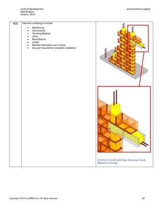 Level of Development
Specification
Version: 2015
www.bimforum.org/lod
Copyright © 2015 by BIMForum. All rights reserved 42
400 Element modeling to include:
 Reinforcing
 Connections
 Grouting Material
 Jams
 Bond Beams
 Lintels
 Member fabrication part number
 Any part required for complete installation
37 B1010.10-LOD-400 Floor Structural Frame
(Masonry Framing)
 