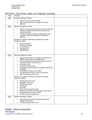 Level of Development
Specification
Version: 2015
www.bimforum.org/lod
Copyright © 2015 by BIMForum. All rights reserved 48
B1010.20 – Floor Decks, Slabs, and Toppings (Concrete)
100 See B10
200 Element modeling to include:
 Type of structural concrete system
 Approximate geometry (e.g. depth) of structural
elements
300 Element modeling to include:
 Specific sizes and locations of main concrete structural
members modeled per defined structural grid with
correct orientation
 All sloping surfaces included in model element with
exception of elements affected by manufacturer
selection
Required non-graphic information associated with model
elements includes:
 Concrete strength,
 Reinforcing strength
 Air entrainment,
 Aggregate size
 Typical details
350 Element modeling to include:
 Reinforcement called out, modeled if required by the
BIMXP, typically only in congested areas
 Pour joints and sequences to help identify reinforcing
lap splice locations, scheduling, etc.
 Expansion Joints
 Embeds and anchor rods
 Post-tension profile and strands modeled if required by
the BIMXP
 Penetrations for items such as MEP
 Any permanent forming or shoring components
 Shear reinforcing and stud rails
Required non-graphic information associated with model
elements includes:
 Embeds and anchor rods
 Aggregate, clear clover
 Reinforcing spacing
 Reinforcing
 Live loads
 Shear reinforcing and stud rails
 Reinforcing post-tension profiles and strand locations
 Penetrations for items such as MEP
 Finishes, camber, chamfers, etc.
400 Element modeling to include:
 All reinforcement including post tension elements
detailed and modeled
 Finishes, camber, chamfer, etc.
B1020 – Roof Construction
[See B1010]
 