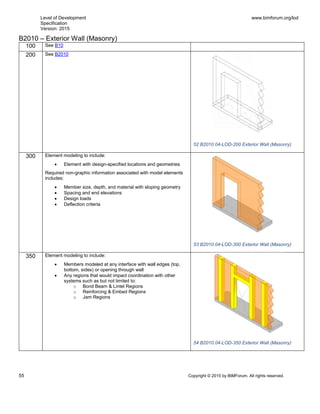 Level of Development
Specification
Version: 2015
www.bimforum.org/lod
55 Copyright © 2015 by BIMForum. All rights reserved.
B2010 – Exterior Wall (Masonry)
100 See B10
200 See B2010
52 B2010.04-LOD-200 Exterior Wall (Masonry)
300 Element modeling to include:
 Element with design-specified locations and geometries
Required non-graphic information associated with model elements
includes:
 Member size, depth, and material with sloping geometry
 Spacing and end elevations
 Design loads
 Deflection criteria
53 B2010.04-LOD-300 Exterior Wall (Masonry)
350 Element modeling to include:
 Members modeled at any interface with wall edges (top,
bottom, sides) or opening through wall
 Any regions that would impact coordination with other
systems such as but not limited to:
o Bond Beam & Lintel Regions
o Reinforcing & Embed Regions
o Jam Regions
54 B2010.04-LOD-350 Exterior Wall (Masonry)
 