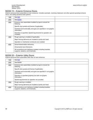 Level of Development
Specification
Version: 2015
www.bimforum.org/lod
69 Copyright © 2015 by BIMForum. All rights reserved.
B2050.10 – Exterior Entrance Doors
Exterior personnel door assemblies at main entrances. Includes automatic, revolving, balanced, and other special operating entrance
doors, and sliding storefront wall systems.
100 See B20
200 See B2050
300 Entrance door assemblies modeled by type to include the
following:
Specific door panels and frames (if applicable).
Hardware set functionality and types are specified in non-graphic
information.
Operation is specified .Spatial requirements for operation are
modeled.
350 Rough opening is modeled (if applicable).
Major framing elements are modeled at jambs and head.
Operation or mechanism enclosures are modeled.
400 Actual frame/mullion extrusions.
Actual panel size dimensions.
All connections and interfaces modeled including brackets,
supports, sealants, and thresholds.
B2050.20 – Exterior Utility Doors
Exterior personnel door assemblies other than at main entrances.
100 See B20
200 See B2050
300 Entrance door assemblies modeled by type to include the
following:
Specific door panels and frames (if applicable).
Hardware set functionality and types are specified in non-graphic
information.
Operation is specified graphicly and with non-graphic
information.
Spatial requirements for operation are provided.
350 Rough opening is modeled
Major framing elements are modeled at jambs and head
400 All connections and interfaces modeled including brackets,
supports, sealants, and thresholds.
 
