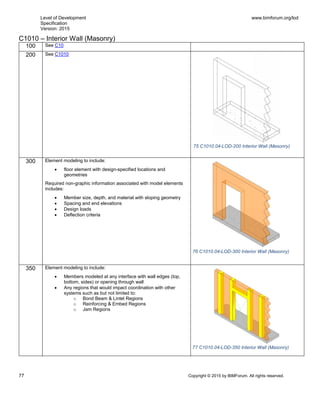 Level of Development
Specification
Version: 2015
www.bimforum.org/lod
77 Copyright © 2015 by BIMForum. All rights reserved.
C1010 – Interior Wall (Masonry)
100 See C10
200 See C1010
300 Element modeling to include:
 floor element with design-specified locations and
geometries
Required non-graphic information associated with model elements
includes:
 Member size, depth, and material with sloping geometry
 Spacing and end elevations
 Design loads
 Deflection criteria
350 Element modeling to include:
 Members modeled at any interface with wall edges (top,
bottom, sides) or opening through wall
 Any regions that would impact coordination with other
systems such as but not limited to:
o Bond Beam & Lintel Regions
o Reinforcing & Embed Regions
o Jam Regions
75 C1010.04-LOD-200 Interior Wall (Masonry)
76 C1010.04-LOD-300 Interior Wall (Masonry)
77 C1010.04-LOD-350 Interior Wall (Masonry)
 