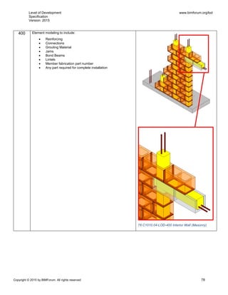 Level of Development
Specification
Version: 2015
www.bimforum.org/lod
Copyright © 2015 by BIMForum. All rights reserved 78
400 Element modeling to include:
 Reinforcing
 Connections
 Grouting Material
 Jams
 Bond Beams
 Lintels
 Member fabrication part number
 Any part required for complete installation
78 C1010.04-LOD-400 Interior Wall (Masonry)
 