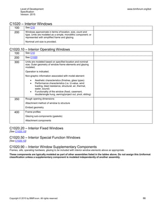 Level of Development
Specification
Version: 2015
www.bimforum.org/lod
Copyright © 2015 by BIMForum. All rights reserved 86
C1020 – Interior Windows
100 See C10
200 Windows approximate in terms of location, size, count and
type. Units are modeled as a simple, monolithic component; or
represented with simplified frame and glazing.
Nominal unit size is provided.
C1020.10 – Interior Operating Windows
100 See C10
200 See C1020
300 Units are modeled based on specified location and nominal
size. Outer geometry of window frame elements and glazing
modeled.
Operation is indicated.
Non-graphic information associated with model element:
 Aesthetic characteristics (finishes, glass types)
 Performance characteristics (i.e. U-value, wind
loading, blast resistance, structural, air, thermal,
water, sound)
 Functionality of the window (fixed, casement,
double/single hung, awning/project out, pivot, sliding)
350 Rough opening dimensions
Attachment method of window to structure
Embed geometry
400 Frame profiles
Glazing sub-components (gaskets)
Attachment components
C1020.20 – Interior Fixed Windows
[See C1020.10]
C1020.50 – Interior Special Function Windows
[See C1020.10]
C1020.90 – Interior Window Supplementary Components
Frames, sills, operating hardware, glazing to be included with interior window elements above as appropriate.
These components are typically modeled as part of other assemblies listed in the tables above. Do not assign this Uniformat
classification unless a supplementary component is modeled independently of another assembly.
 