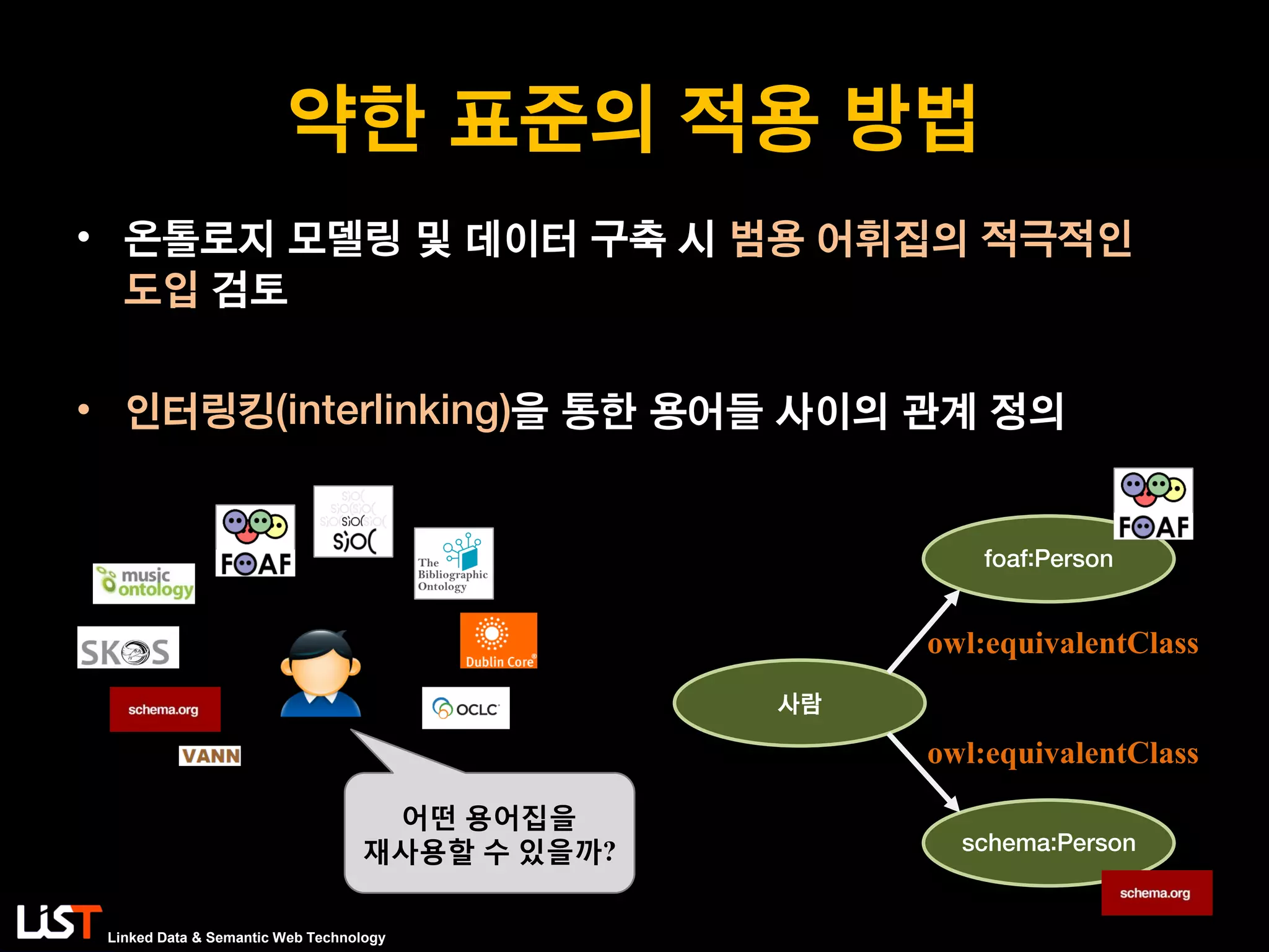 Linked Data & Semantic Web Technology
약한 표준의 적용 방법
• 온톨로지 모델링 및 데이터 구축 시 범용 어휘집의 적극적인
도입 검토
• 인터링킹(interlinking)을 통한 용어들 사이의 관계 정의
어떤 용어집을
재사용할 수 있을까?
사람
foaf:Person
owl:equivalentClass
schema:Person
owl:equivalentClass
 