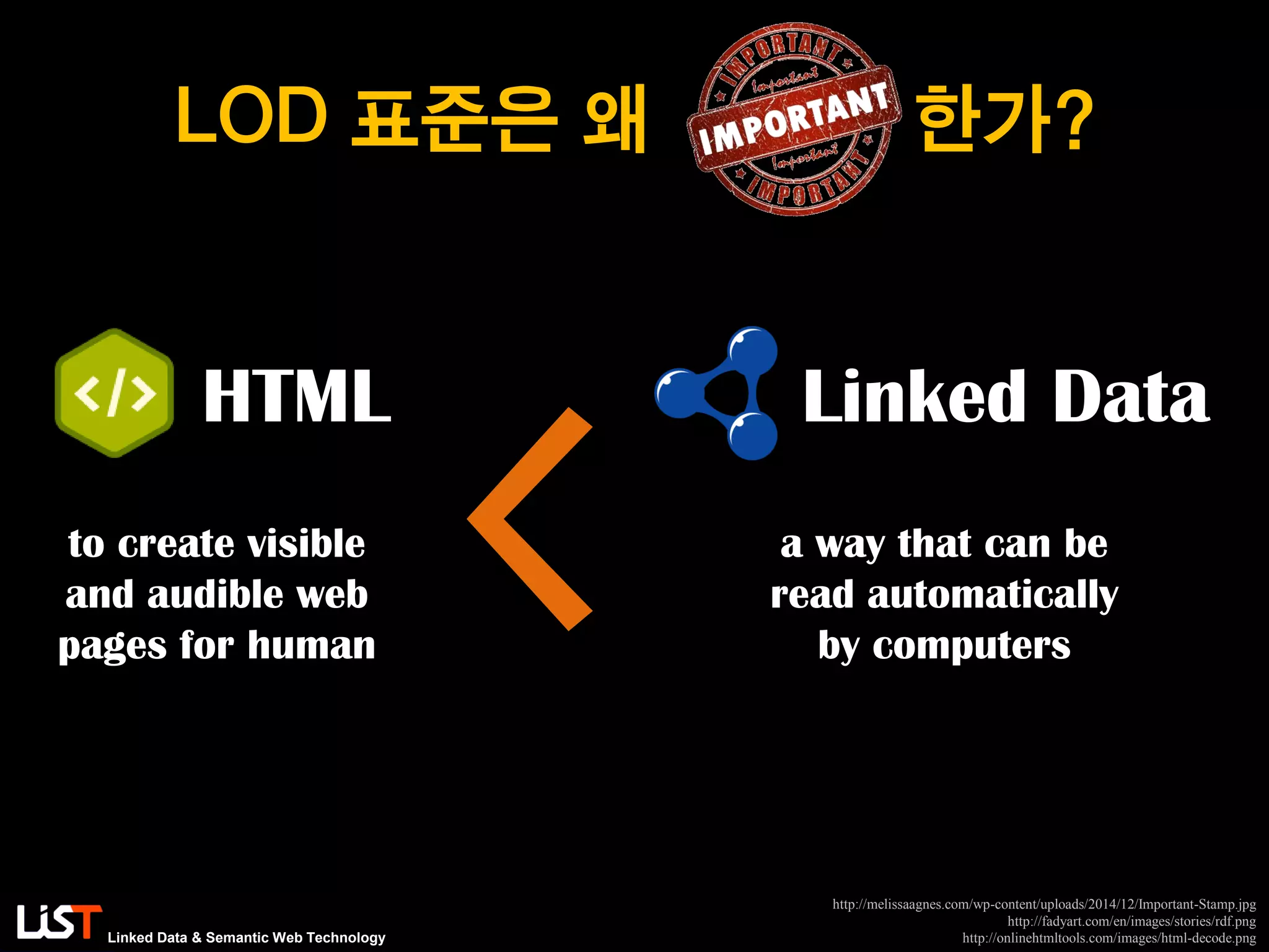 Linked Data & Semantic Web Technology
LOD 표준은 왜 한가?
http://melissaagnes.com/wp-content/uploads/2014/12/Important-Stamp.jpg
http://fadyart.com/en/images/stories/rdf.png
http://onlinehtmltools.com/images/html-decode.png
HTML Linked Data
a way that can be
read automatically
by computers
to create visible
and audible web
pages for human
<
 