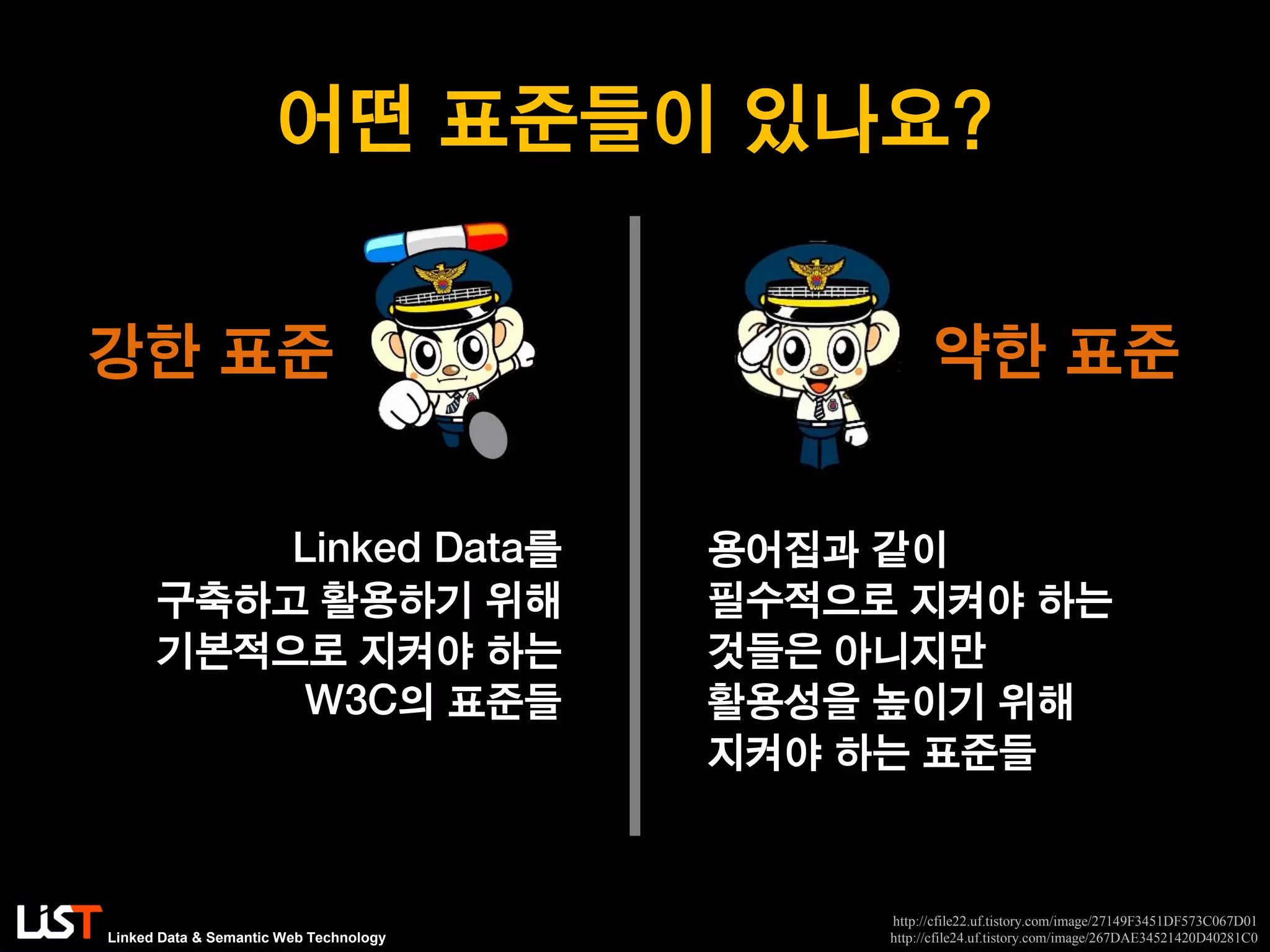 Linked Data & Semantic Web Technology
어떤 표준들이 있나요?
Linked Data를
구축하고 활용하기 위해
기본적으로 지켜야 하는
W3C의 표준들
용어집과 같이
필수적으로 지켜야 하는
것들은 아니지만
활용성을 높이기 위해
지켜야 하는 표준들
강한 표준 약한 표준
http://cfile22.uf.tistory.com/image/27149F3451DF573C067D01
http://cfile24.uf.tistory.com/image/267DAE34521420D40281C0
 