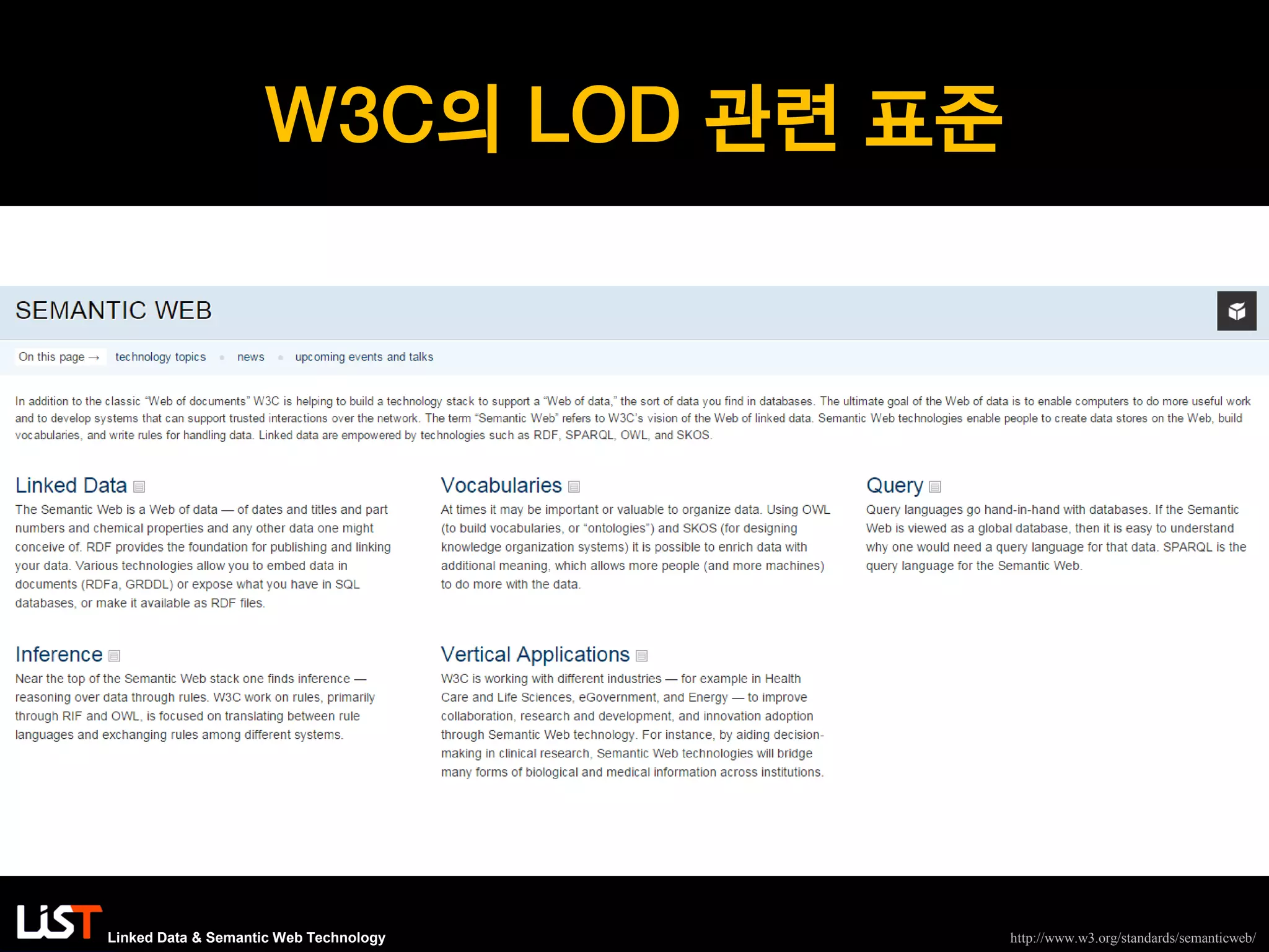 Linked Data & Semantic Web Technology
W3C의 LOD 관련 표준
http://www.w3.org/standards/semanticweb/
 