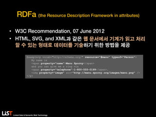 Linked Data & Semantic Web Technology
RDFa (the Resource Description Framework in attributes)
• W3C Recommendation, 07 June 2012
• HTML, SVG, and XML과 같은 웹 문서에서 기계가 읽고 처리
할 수 있는 형태로 데이터를 기술하기 위한 방법을 제공
Example<p vocab="http://schema.org/" resource="#manu" typeof="Person">
My name is
<span property="name">Manu Sporny</span>
and you can give me a ring via
<span property="telephone">1-800-555-0199</span>.
<img property="image" src="http://manu.sporny.org/images/manu.png" />
</p>
 