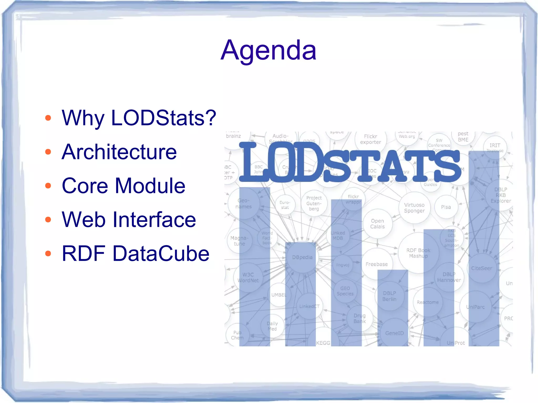 Agenda
● Why LODStats?
● Architecture
● Core Module
● Web Interface
● RDF DataCube