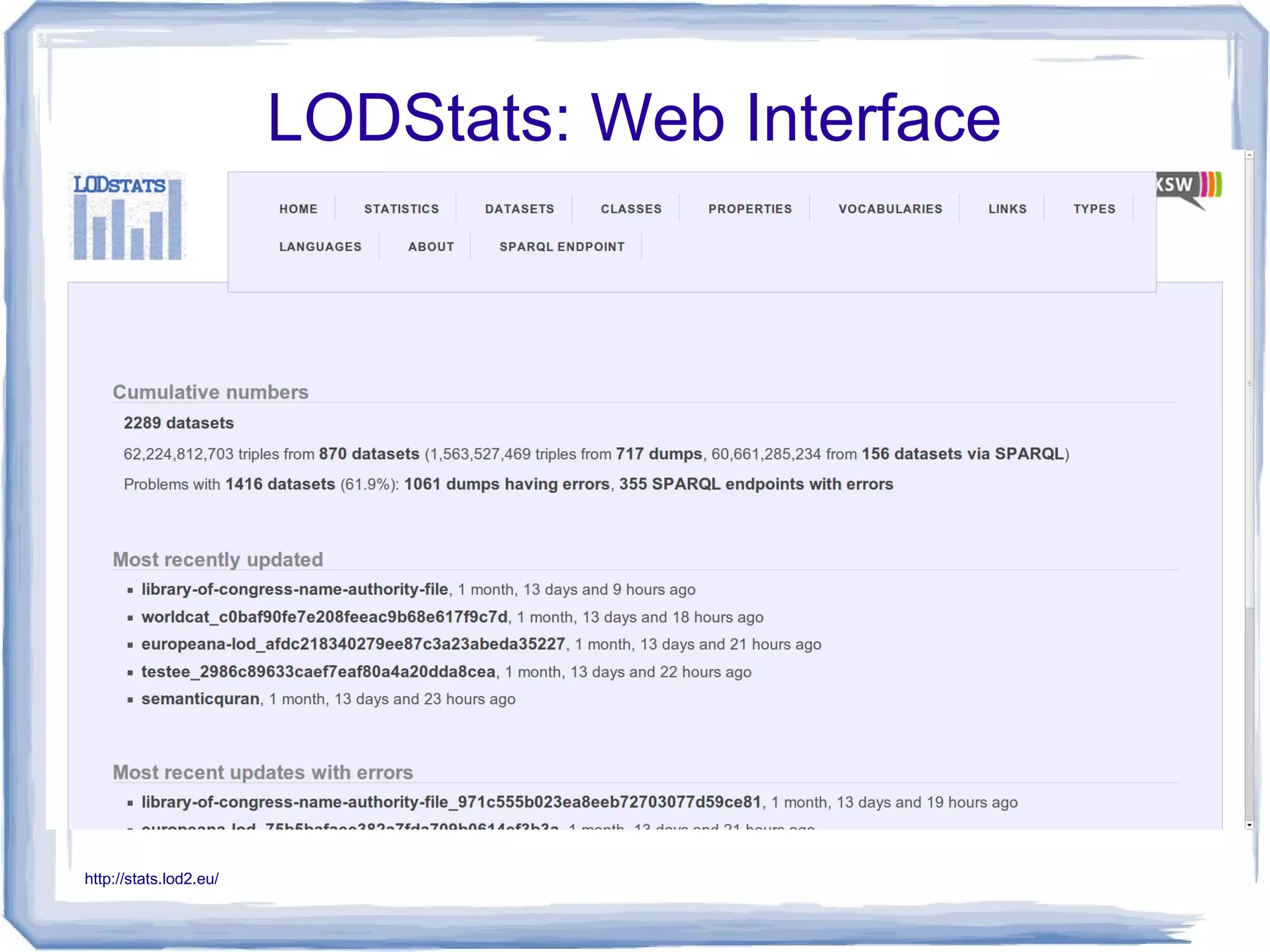 LODStats: Web Interface
http://stats.lod2.eu/