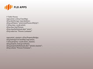 # Table Person
map:artisti a d2rq:ClassMap;
d2rq:dataStorage map:database;
d2rq:uriPattern "artist/@@Person.ID@@";
# d2rq:class vocab:artisti;
d2rq:class foaf:Person;
d2rq:classDefinitionLabel "artist";
d2rq:orderAsc "Person.Lastname"
.
map:artisti_etunimi a d2rq:PropertyBridge;
d2rq:belongsToClassMap map:artisti;
# d2rq:property vocab:artisti_etunimi;
d2rq:property foaf:givenName;
d2rq:propertyDefinitionLabel "artistin etunimi";
d2rq:column "Person.Firstname";
.
 