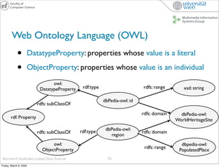 Web Ontology Language (OWL)
             •          DatatypeProperty: properties whose value is a literal

             • ...