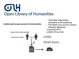 - Charitable organization
dedicated to OA publishing
- Prof Martin Eve and Dr Caroline
Edwards (Birkbeck)
- Launched 2015
- publish 23 journals
 