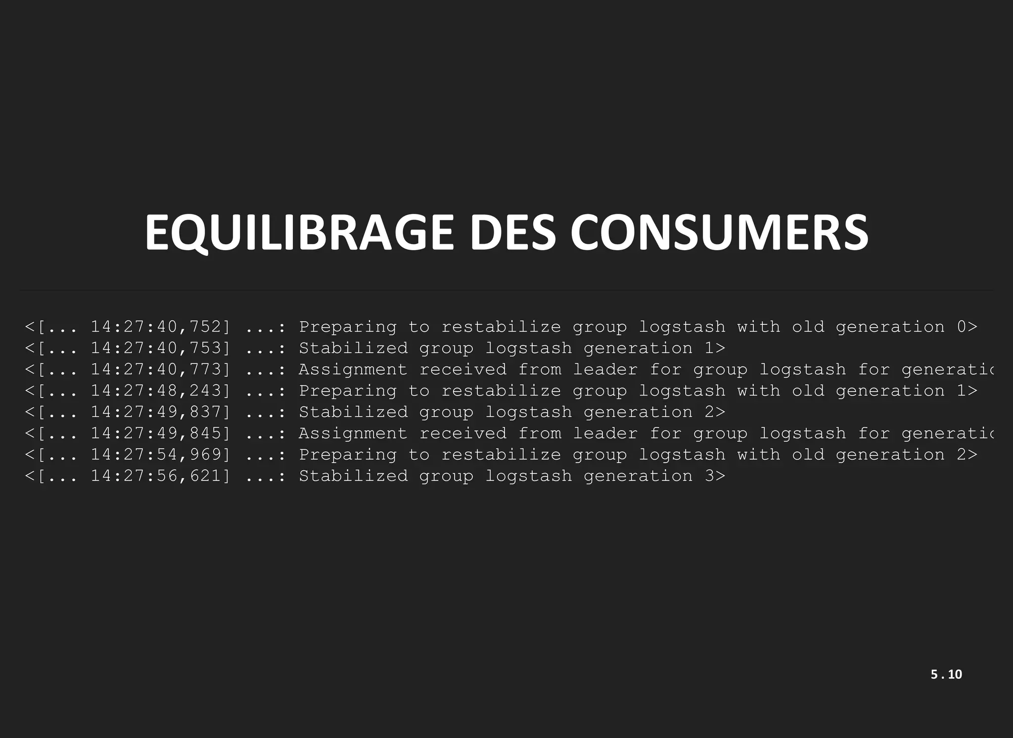 EQUILIBRAGE DES CONSUMERS
<[... 14:27:40,752] ...: Preparing to restabilize group logstash with old generation 0>
<[... 14:27:40,753] ...: Stabilized group logstash generation 1>
<[... 14:27:40,773] ...: Assignment received from leader for group logstash for generation
<[... 14:27:48,243] ...: Preparing to restabilize group logstash with old generation 1>
<[... 14:27:49,837] ...: Stabilized group logstash generation 2>
<[... 14:27:49,845] ...: Assignment received from leader for group logstash for generation
<[... 14:27:54,969] ...: Preparing to restabilize group logstash with old generation 2>
<[... 14:27:56,621] ...: Stabilized group logstash generation 3>
5 . 10
 