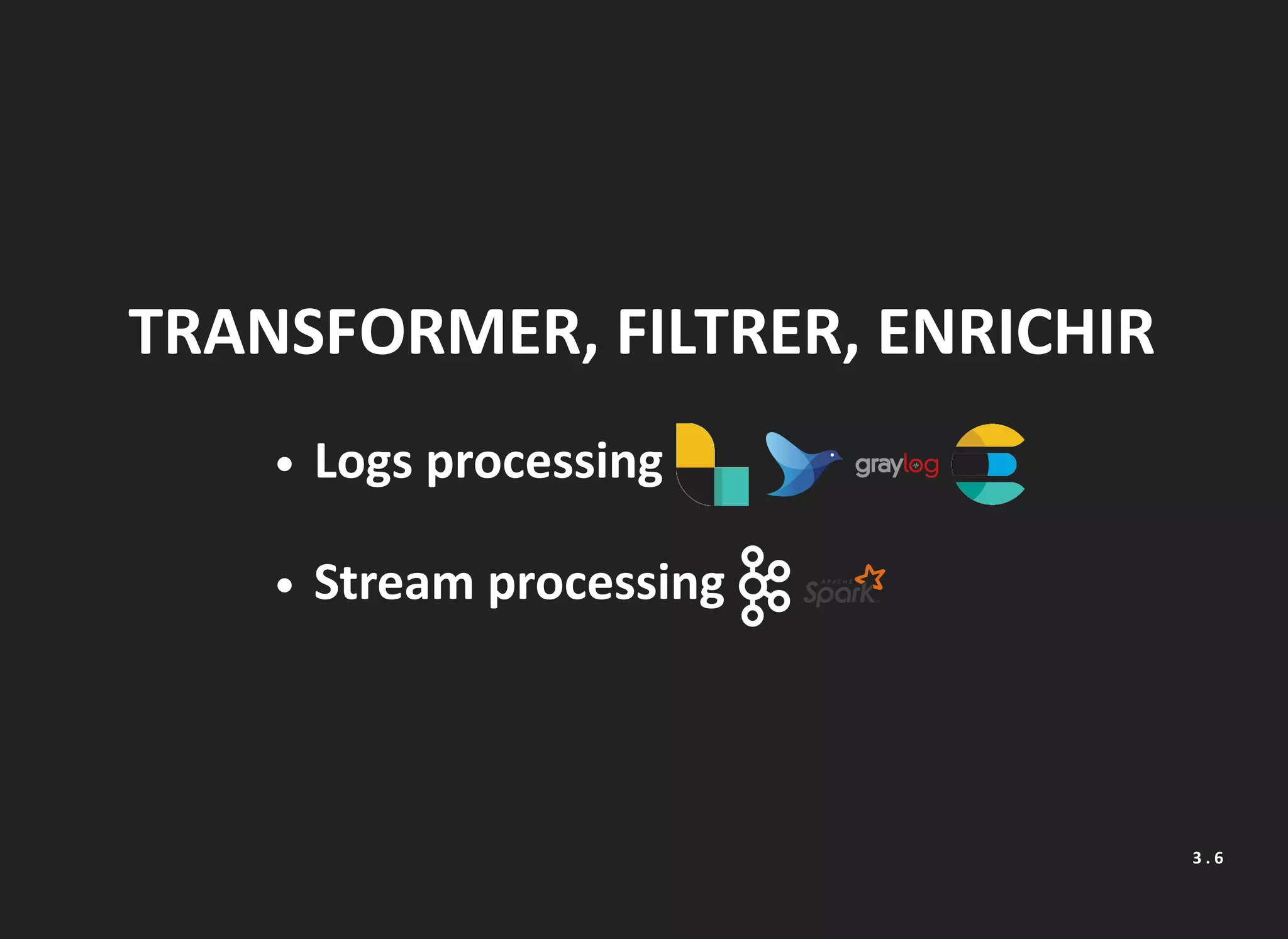 TRANSFORMER, FILTRER, ENRICHIR
Logs processing
Stream processing
3 . 6
 