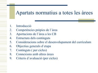 Apartats normatius a totes les àrees Introducció Competències pròpies de l´àrea Aportacions de l´àrea a les CB Estructura dels continguts Consideracions sobre el desenvolupament del currículum Objectius generals d´etapa Continguts ( per cicles) Connexions amb altres àrees Criteris d´avaluació (per cicles) 