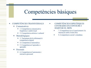 Competències bàsiques COMPETÈNCIES TRANSVERSALS Comunicatives 1. Competència comunicativa lingüística i audiovisual 2. Competència artística i cultural Metodològiques 3. Tractament de la informació i competència digital 4. Competència matemàtica 5. Competència d´aprendre a aprendre Personals 6. Competència d´autonomia i iniciativa personal COMPETÈNCIES ESPECÍFIQUES CENTRADES EN CONVIURE I HABITAR EL MÓN 7. Competència en el coneixement i la interacció amb el món físic 8. Competència social i ciutadana 