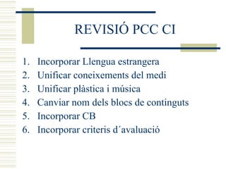 REVISIÓ PCC CI Incorporar Llengua estrangera Unificar coneixements del medi Unificar plàstica i música Canviar nom dels blocs de continguts Incorporar CB Incorporar criteris d´avaluació 