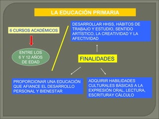 LA EDUCACIÓN PRIMARIA
6 CURSOS ACADÉMICOS

ENTRE LOS
6 Y 12 AÑOS
DE EDAD

DESARROLLAR HHSS, HÁBITOS DE
TRABAJO Y ESTUDIO, SENTIDO
ARTÍSTICO, LA CREATIVIDAD Y LA
AFECTIVIDAD

FINALIDADES

PROPORCIONAR UNA EDUCACIÓN
QUE AFIANCE EL DESARROLLO
PERSONAL Y BIENESTAR

ADQUIRIR HABILIDADES
CULTURALES BÁSICAS A LA
EXPRESIÓN ORAL, LECTURA,
ESCRITURAY CÁLCULO

 