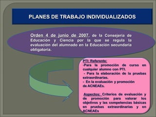 PLANES DE TRABAJO INDIVIDUALIZADOS
Orden 4 de junio de 2007,, de la Consejería de
Orden 4 de junio de 2007 de la Consejería de
Educación y Ciencia por la que se regula la
Educación y Ciencia por la que se regula la
evaluación del alumnado en la Educación secundaria
evaluación del alumnado en la Educación secundaria
obligatoria.
obligatoria.

 